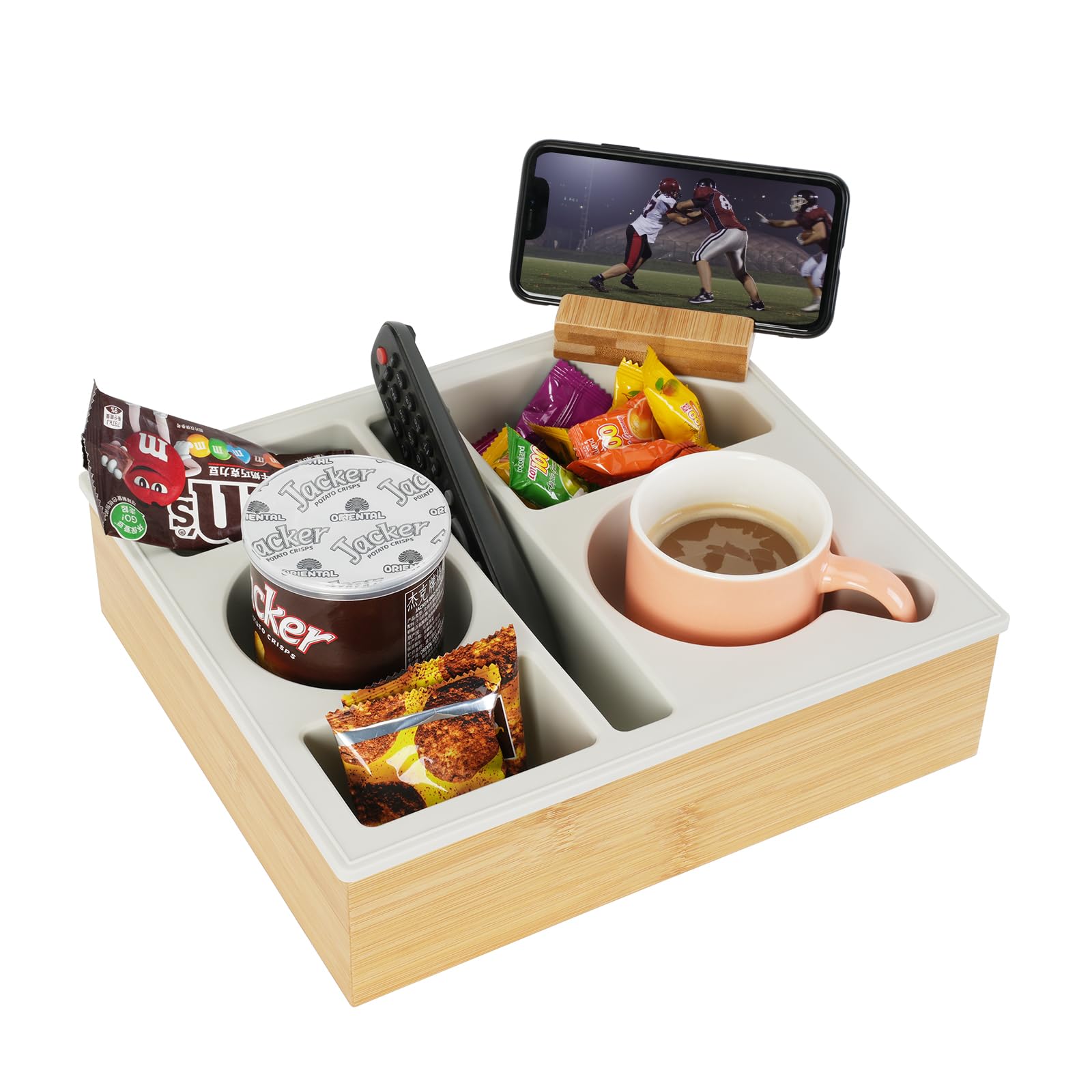 Photo 1 of Hitseon Couch Cup Holder Tray, Handy Silicone Bamboo Couch Caddy with Rotatable Phone Holder for Bed Car Seat Organizer, Waterproof Anti-Spill Sofa Cup Holder for Snacks Beverage Remote (White)