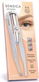 Sensica Eyebrow Tweezers with Light LED Slant Tips Long Arms 3 Batteries view 1