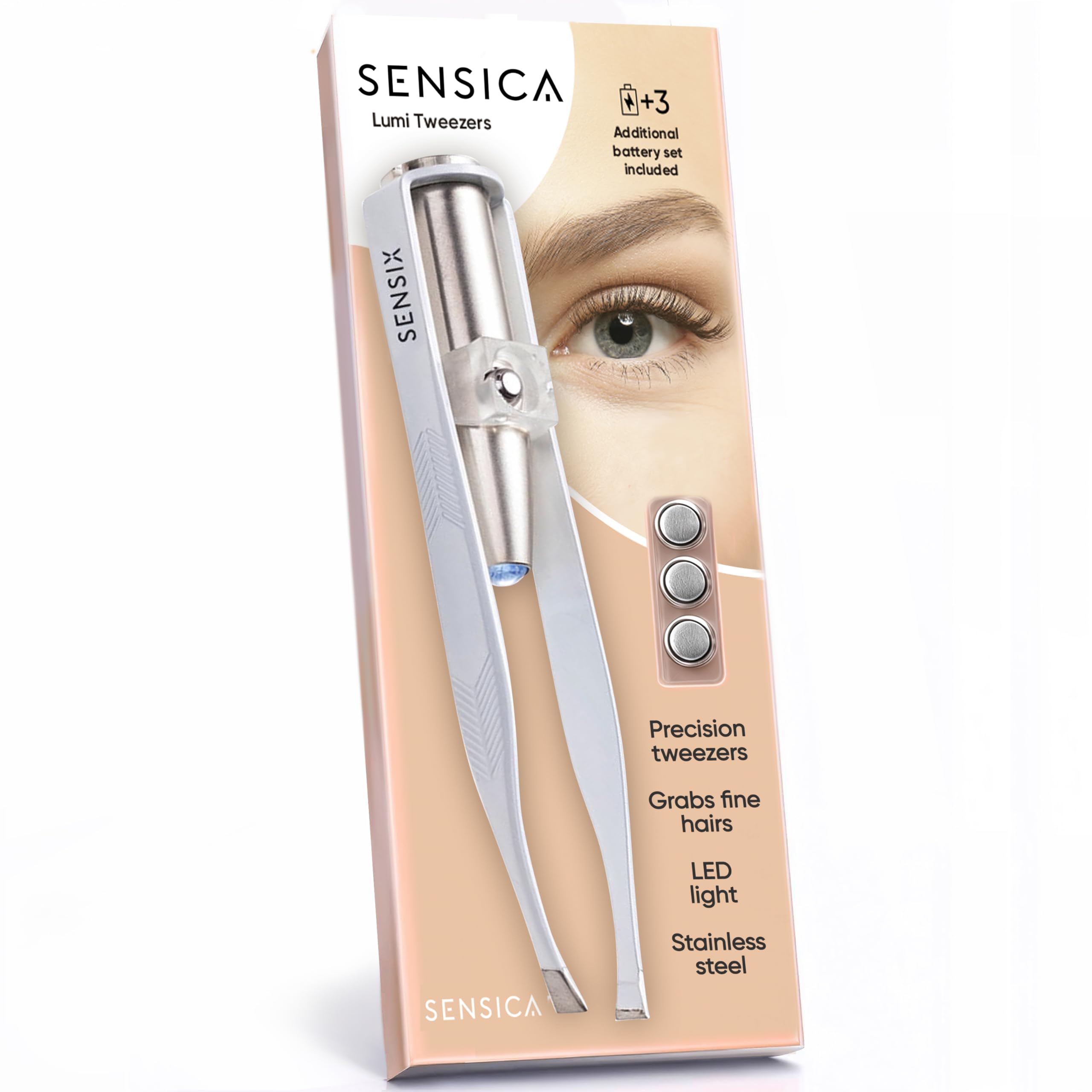 Sensica Eyebrow Tweezers with Light – LED Lighted Tweezers for Women Facial Hair – Precision Eyebrow Plucking Slant Tip Stainless Steel Tweezer with Long Arms & 3 Extra Batteries