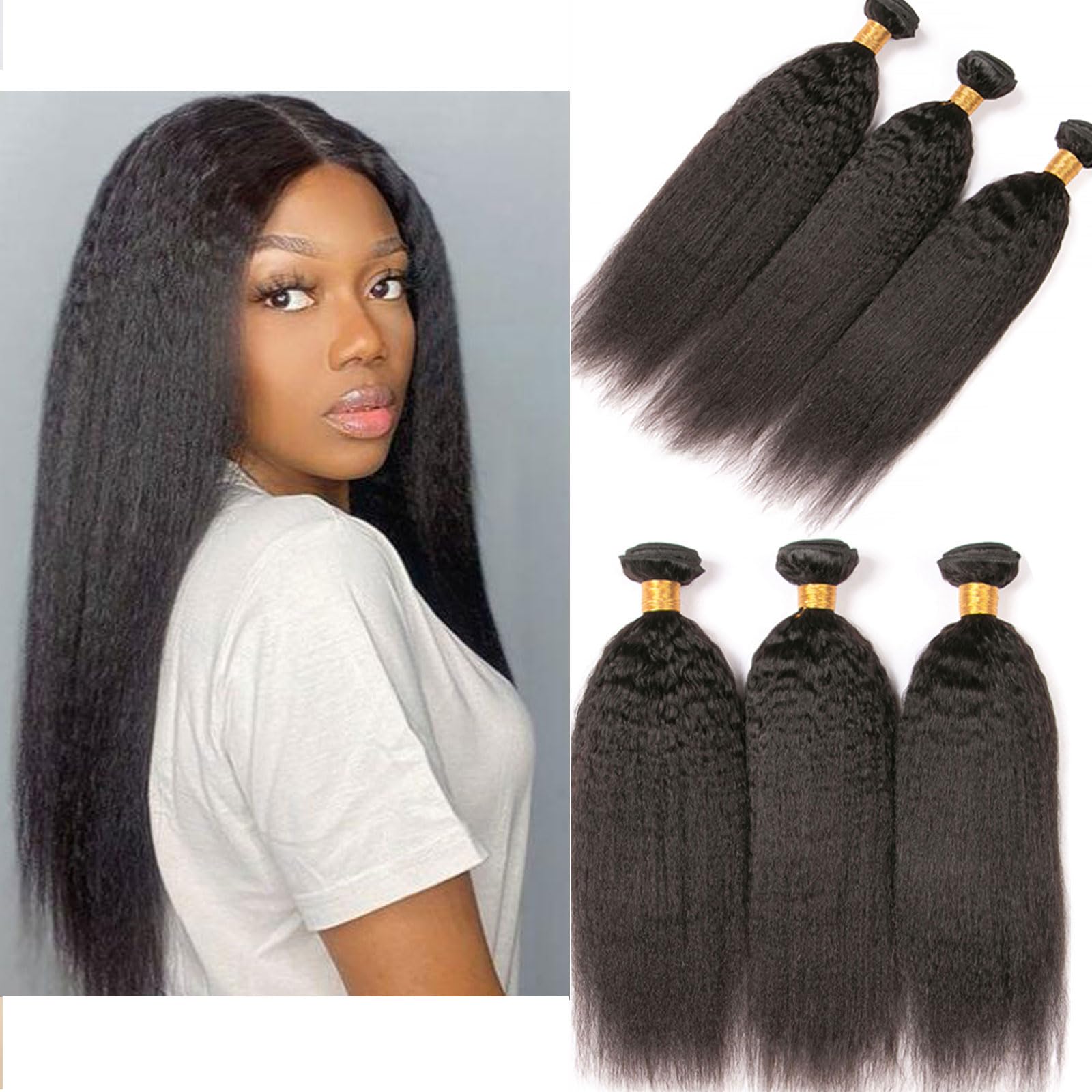 Huarisi 16 18 20 Inch Yaki Straight Bundles Human Hair 3 Bundles 12a Brazilian Kinky Straight Hair Double Weft Sew in Weave for Black Women Full Head Natural Color — image 1
