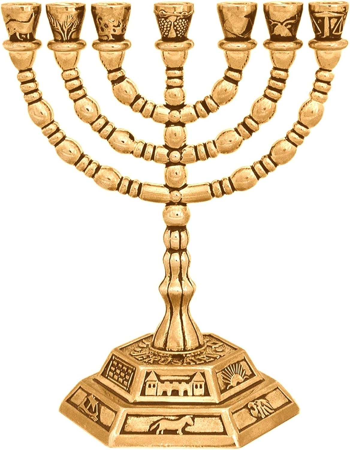 Karshi 7 Branch Jerusalem Menorah with 12 Tribes Design, Gold, 13