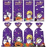 50Pcs HalloweenTreat Bags, Halloween Candy Bags, 4 Style Halloween bags with 50PCS Twist Ties, Trick or Treat Party Gift Cell