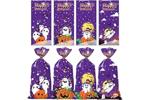 50Pcs HalloweenTreat Bags, Halloween Candy Bags, 4 Style Halloween bags with 50PCS Twist Ties, Trick or Treat Party Gift Cell