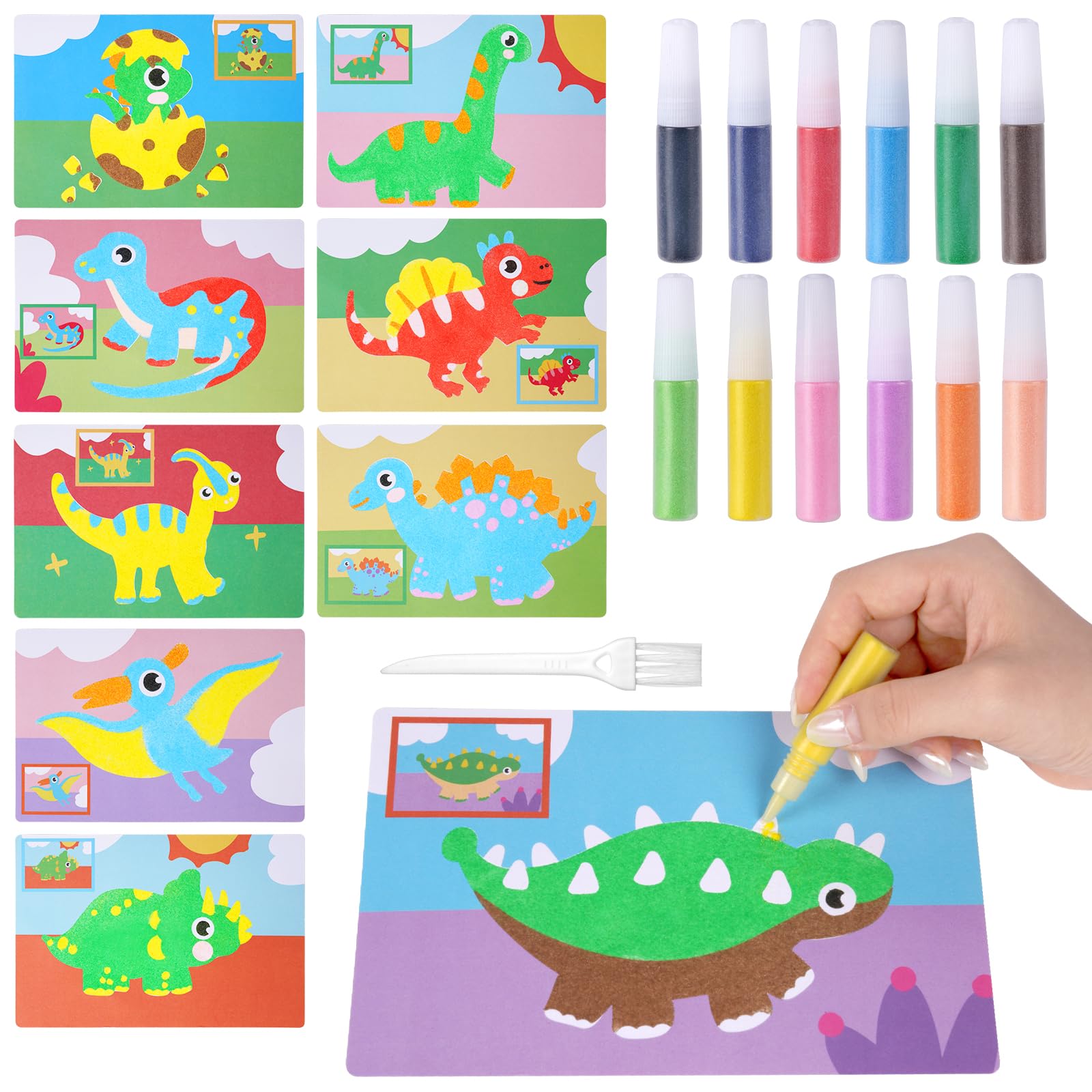 OSDUE Sand Art Paper Craft Kit,16 Painting Pictures and 12 Flash Pens,Use Sand to Color Dinosaurs,Kids Art Kits for Kids to DIY Design Doodle 3-12 Year Old