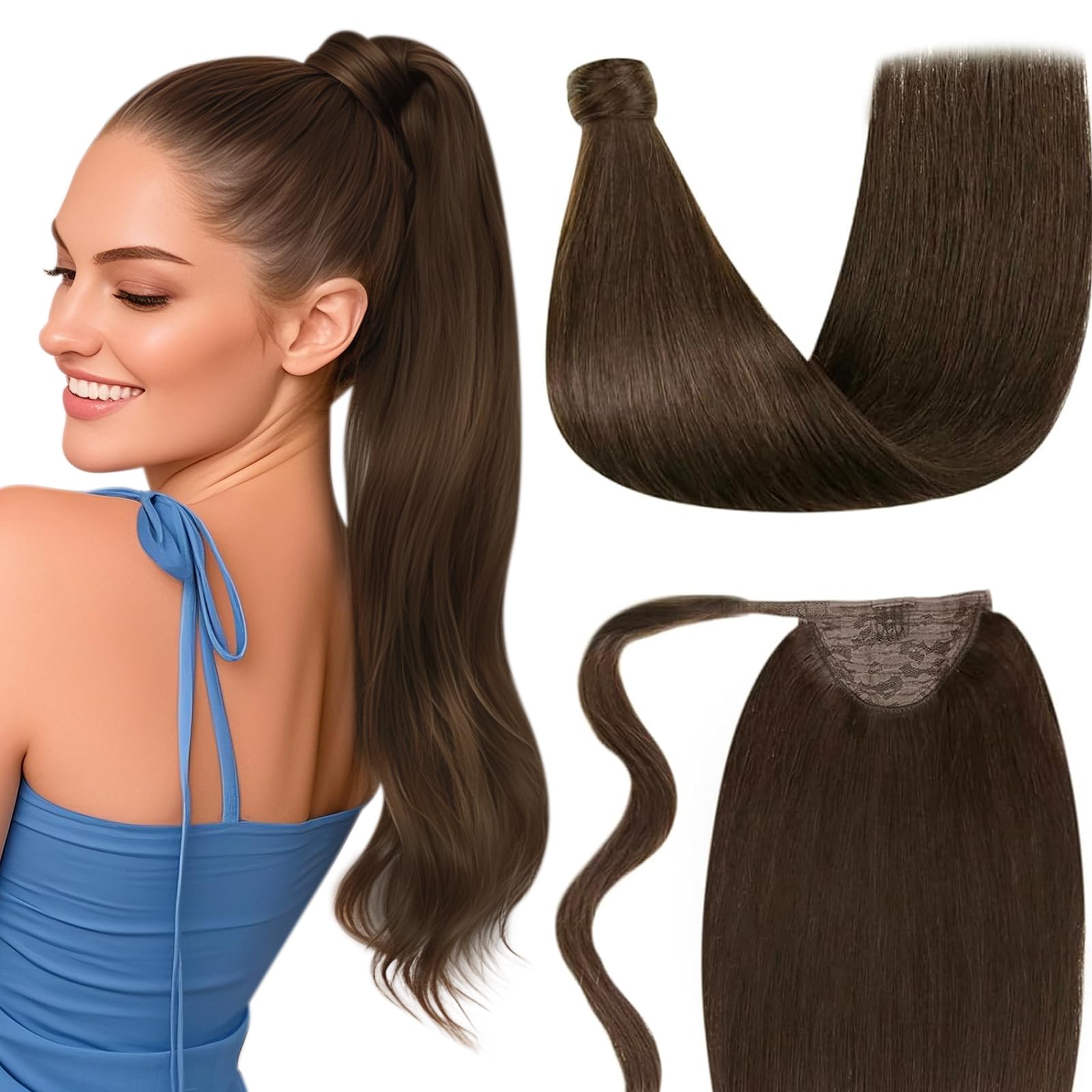 LaaVoo Pony Tail Extensions Real Human Hair 14 Inch 70g Dark Brown Remy Straight Ponytail hair Extensions #4 โ image 1