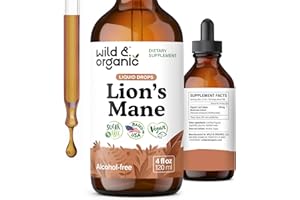 Wild & Organic Lions Mane Liquid Drops - Brain & Focus Support - Lion's Mane Mushroom Supplement - Hericium Erinaceus Mushroom Drops - Vegan, Sugar & Alcohol-Free Extract Tincture - 4 fl oz