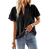 Falechay Womens Summer Tops Ruffle Sleeve V Neck Blouses for Women Bohemian Dressy Casual Flowy Business Short Sleeve Shirts Black L