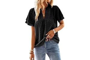 Falechay Womens Tops Butterfly Sleeve V Neck Blouses for Women Dressy Casual Flowy Swiss Dot Ruffle Short Sleeve Shirts