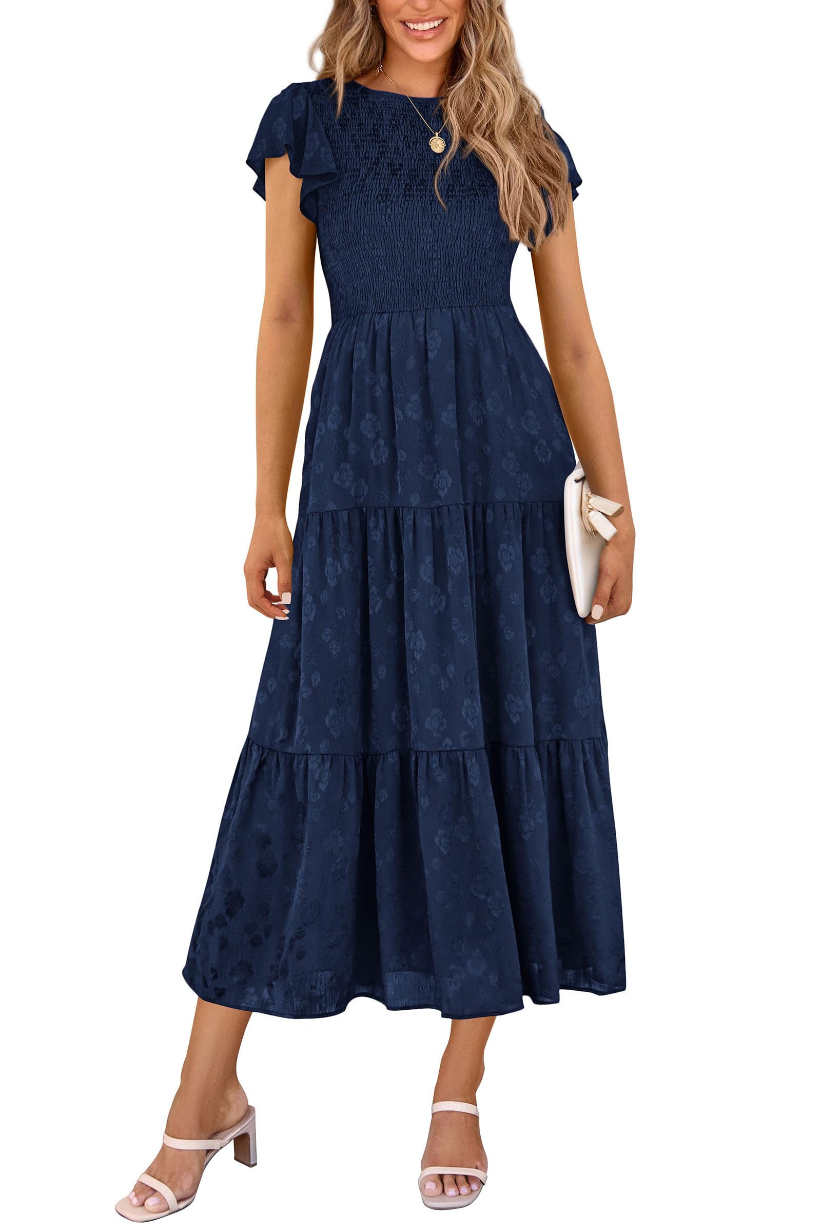 Photo 1 of PRETTYGARDEN Wedding Guest Dresses for Women 2025 Summer Floral Cap Sleeve Smocked A Line Long Elegant Party Boho Dress (Navy,XX-Large)