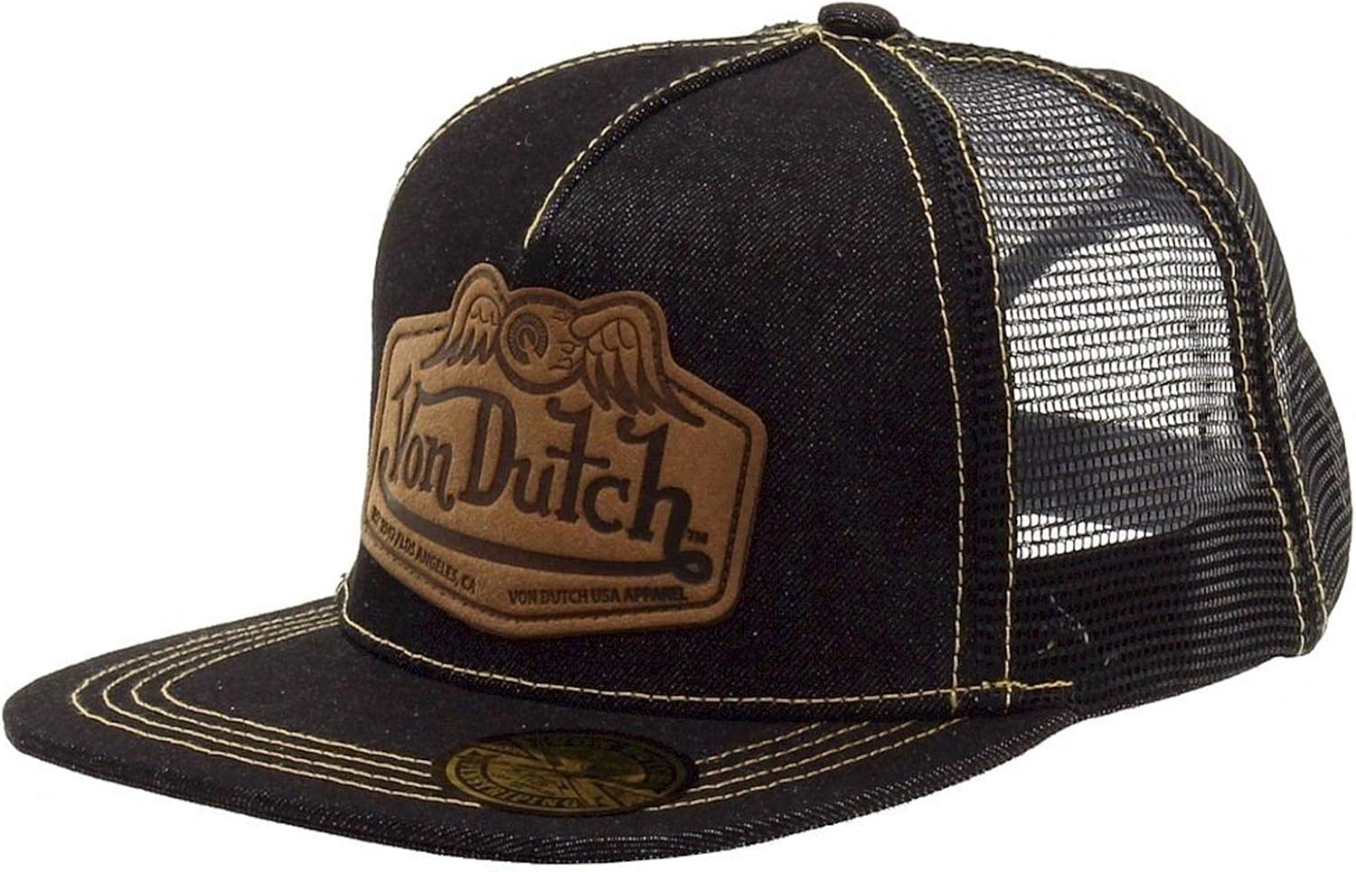 Von Dutch Men's Women's Leather Patch Black/Tan Trucker Hat One Size at Amazon Men’s Clothing