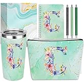 Personalized Gifts Monogrammed Birthday Gifts for Women, Cowerker Wife Sister Wedding Christmas Initial 20 oz Tumbler, Makeup Bag Cup Ballpoint Pens Journal Notebook 6 Set, (Aesthetic Green Flower C)