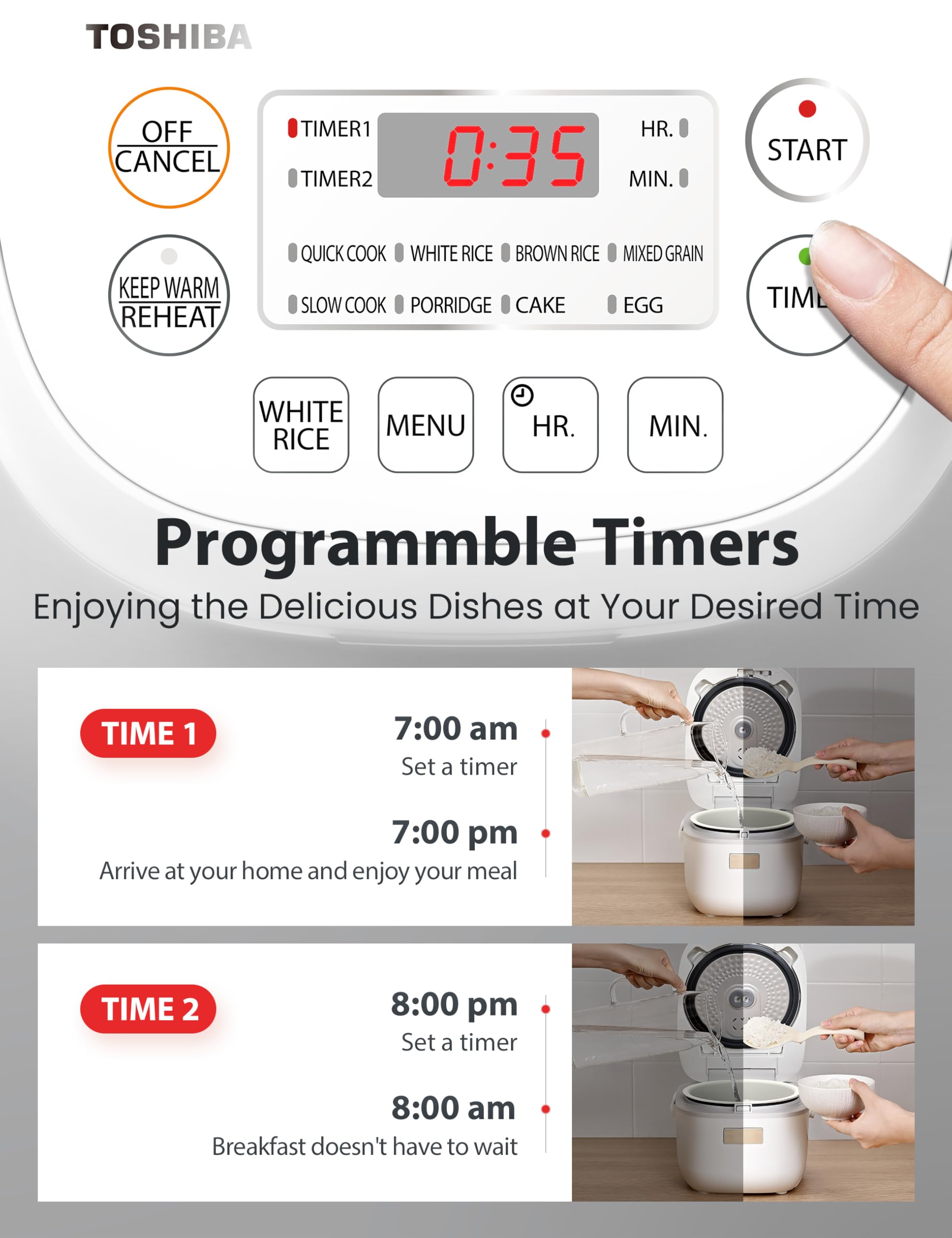 Toshiba Mini Rice Cooker, 3 Cups Uncooked Small Rice Cooker, Steamer & Warmer, With Fuzzy Logic And One-Touch Cooking, 24 Hour Delay Timer And Auto Keep Warm Feature, White
