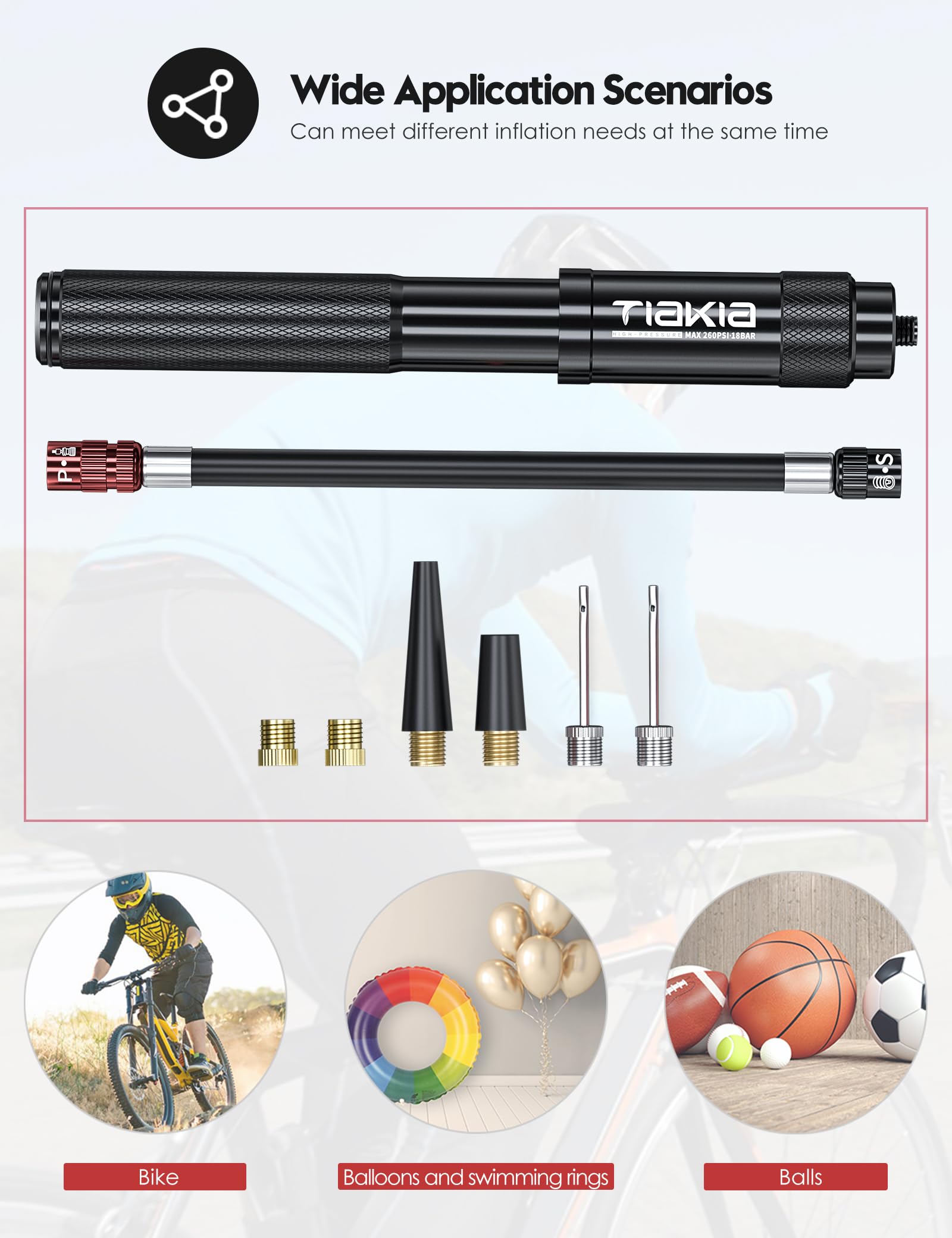 Tiakia Fahrrad Pumpe Mini 260PSI Hoher Druck Luftpumpe Klein für Presta Schrader Dunlop Ventile, Kompakt Tragbare Handpumpe Fahrradpumpe Leicht für BMX Mountainbike Rennrad E-Bike mit Montagehalterung 2