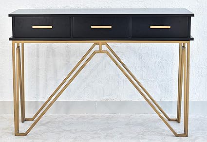 Tskiw Wood 3 Drawer Console Table Black Finish With Iron Frame In