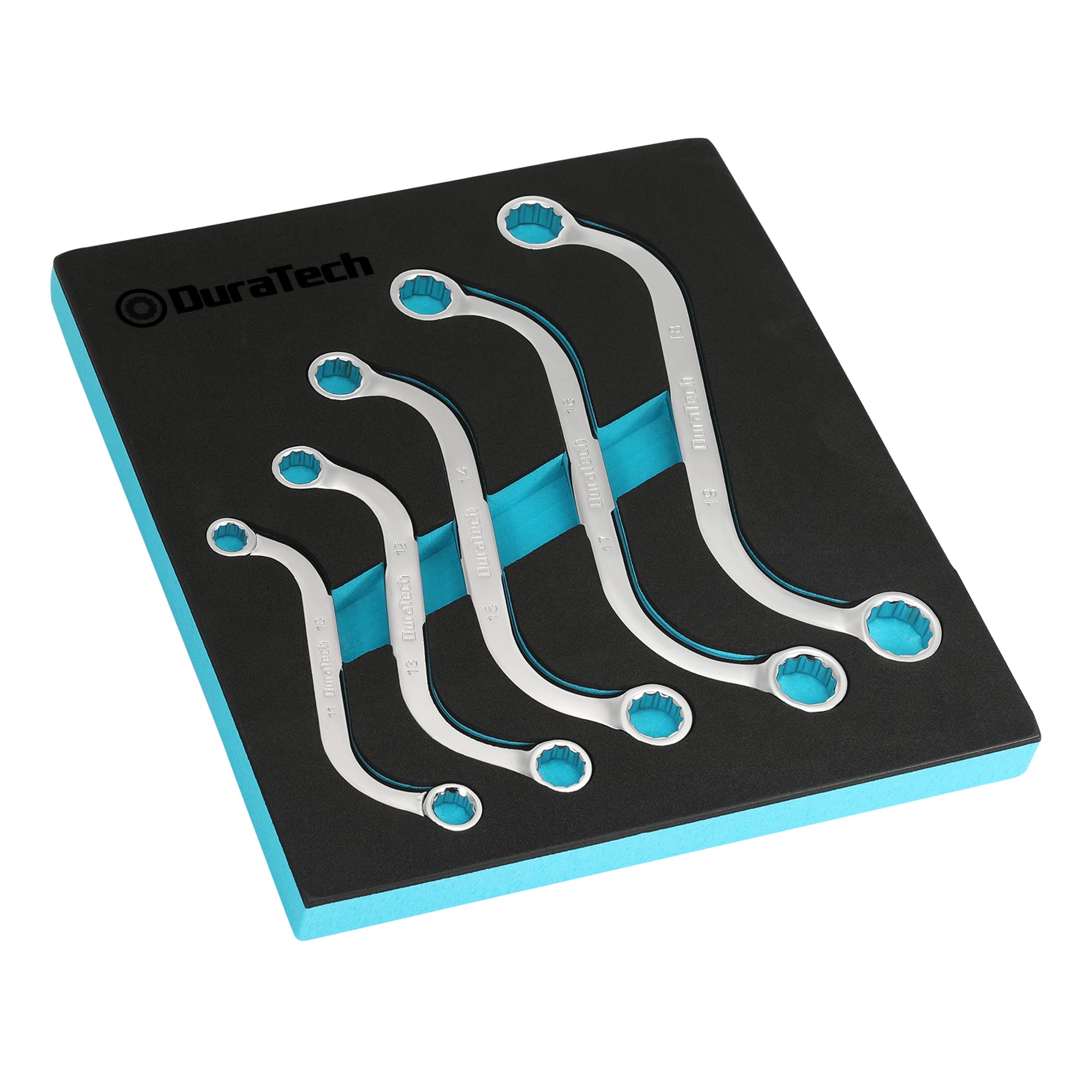 DURATECH 5-Piece Double Ring Spanner Set 10-19 mm, S-Type Obstruction Spanner, Double Box End Wrench Set, Metric, 12 Point, with EVA Foam Tool Organizer