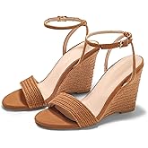 Coutgo Womens Wedges Heels Sandals Espadrilles Raffia Open Toe Ankle Strap Straw Summer Beach Shoes