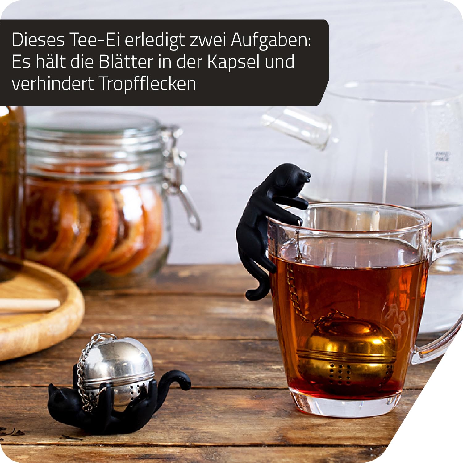 PELEG DESIGN Cattea Tee-Ei Katze – Lustiges Teesieb für losen Tee aus Edelstahl & Silikon, Inklusive Abtropfschale, Originelles Tee-Zubehör & Geschenk für Katzenliebhaber, Schwarz 2