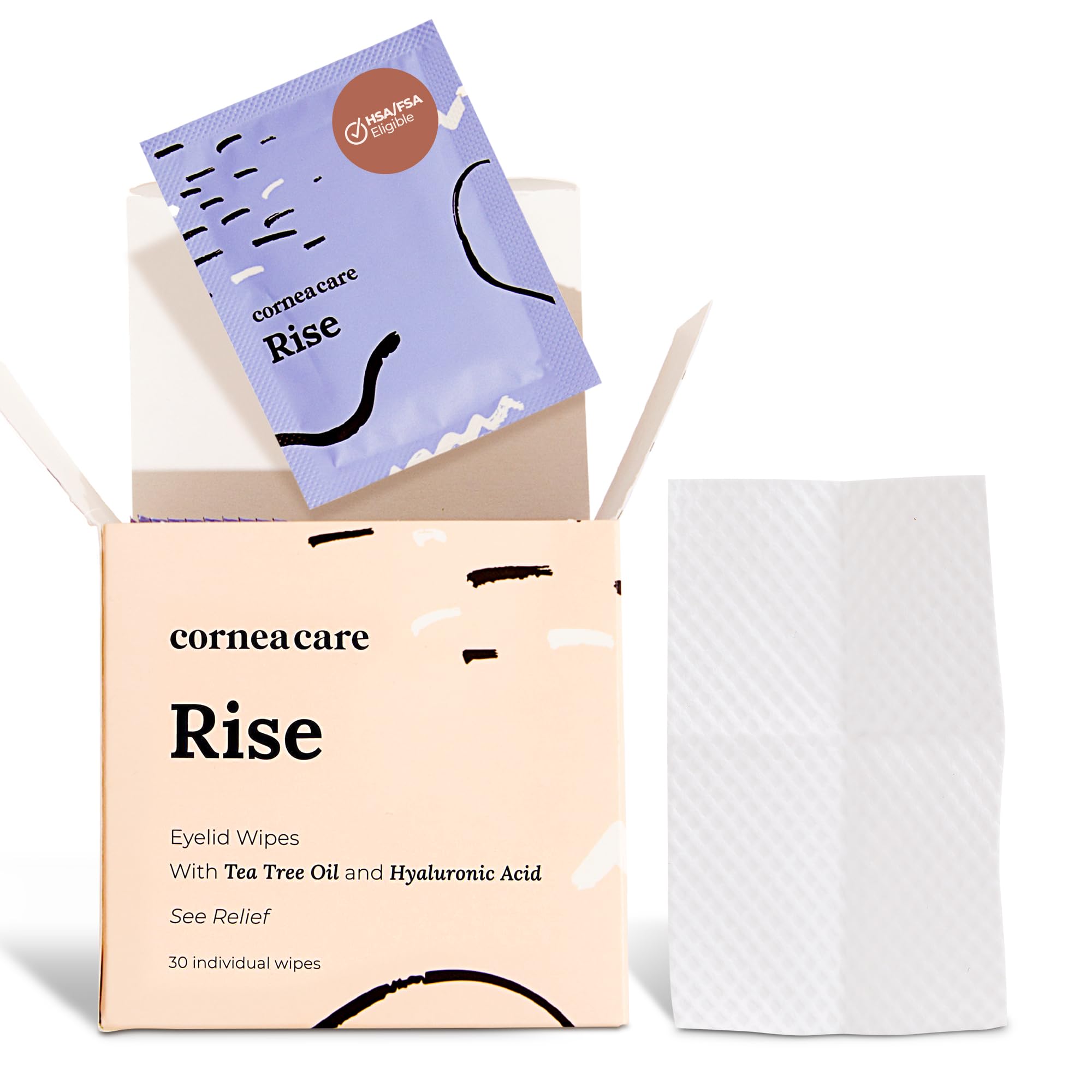 CorneaCare Rise: Eyelid Wipes | Eye Wipes for Dry Eyes | Eyelid Wipes with Tea Tree Oil & Hyaluronic Acid | Travel Ready | 30 Count | FSA & HSA Eligible