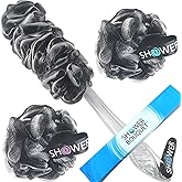 SHOWER BOUQUET Loofah-Charcoal Back-Scrubber & Bath-Sponge Set // 1 Long-Handle-Back-Brush Plus 2 Extra Large 75g Soft Mesh L