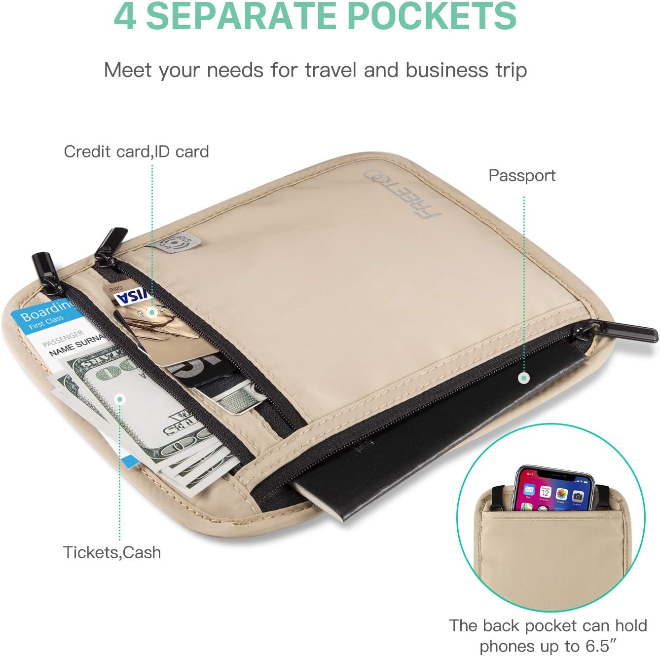 FREETOO Travel Neck Wallet & Hidden Passport Holder with RFID Blocking, Travel Neck Pouch Document Bag for Men/Women: Sports & Outdoors