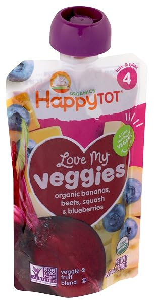 HAPPY TOT LOVE MY VEGGIES STAGE 4 ORGANIC TODDLER FOOD BANANA BEET SQUASH & BLUEBERRY, 4.22 OUNCE POUCH ORGANIC BABY FOOD/TODDLER FOOD POUCHES, FRUIT AND VEGGIE BLEND, FULL SERVING OF VEGETABLES