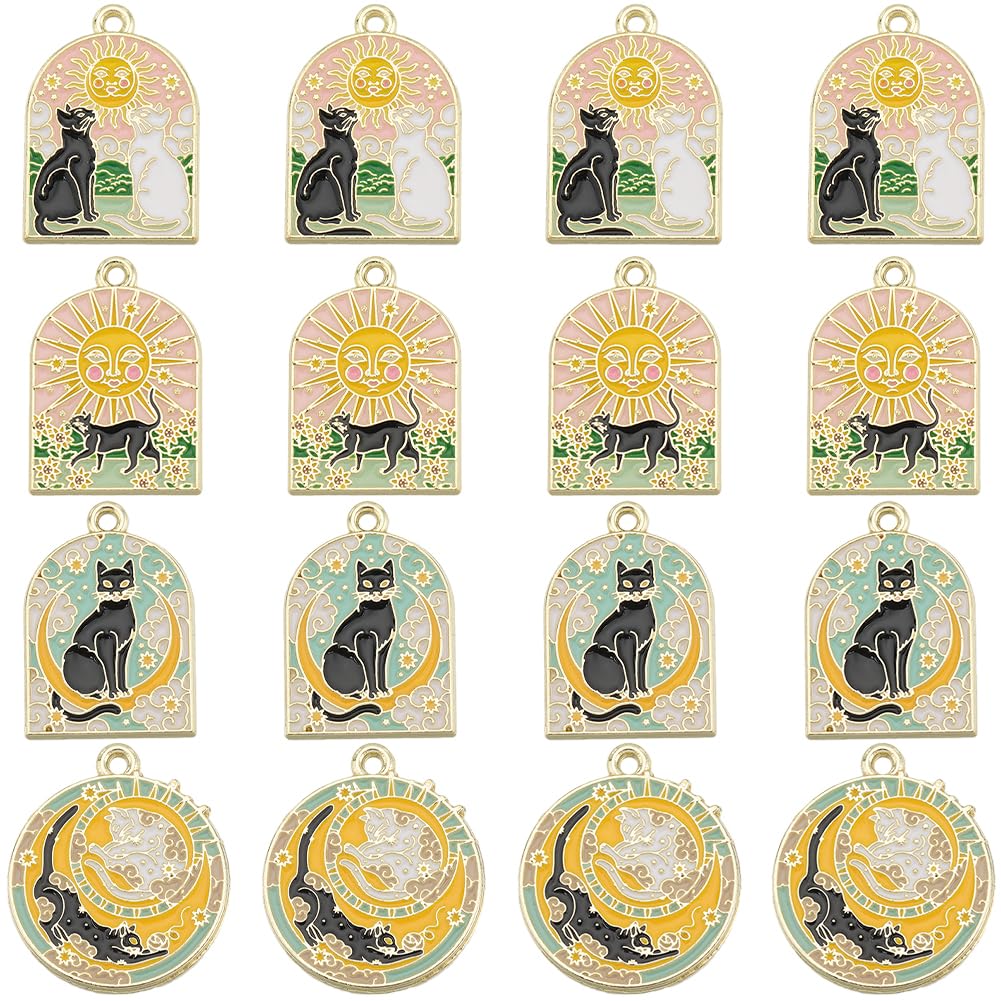 SUNNYCLUE 1 BOX 16PCS Alloy Tarot Card Charms Cat Charms Bulk Enamel Magic Gothic Planchette Sun Moon Divination Amulet Lucky Goth Charms for jewellery Making Charms Diy Earrings Bracelet Necklace
