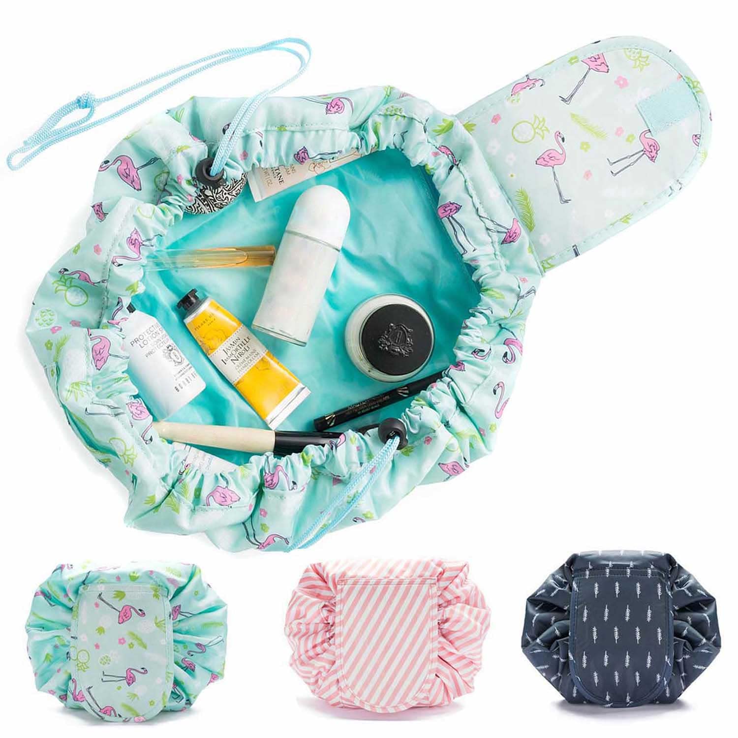 Cosmetic Bag, Cosmetic Bag Quick Make-Up Bag Make-up Bag Toiletry Bag with Drawstring (Turquoise Flamingos)