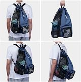 WANDF Swim Bag Mesh Drawstring Backpack with Wet Pocket Dark Blue view 7