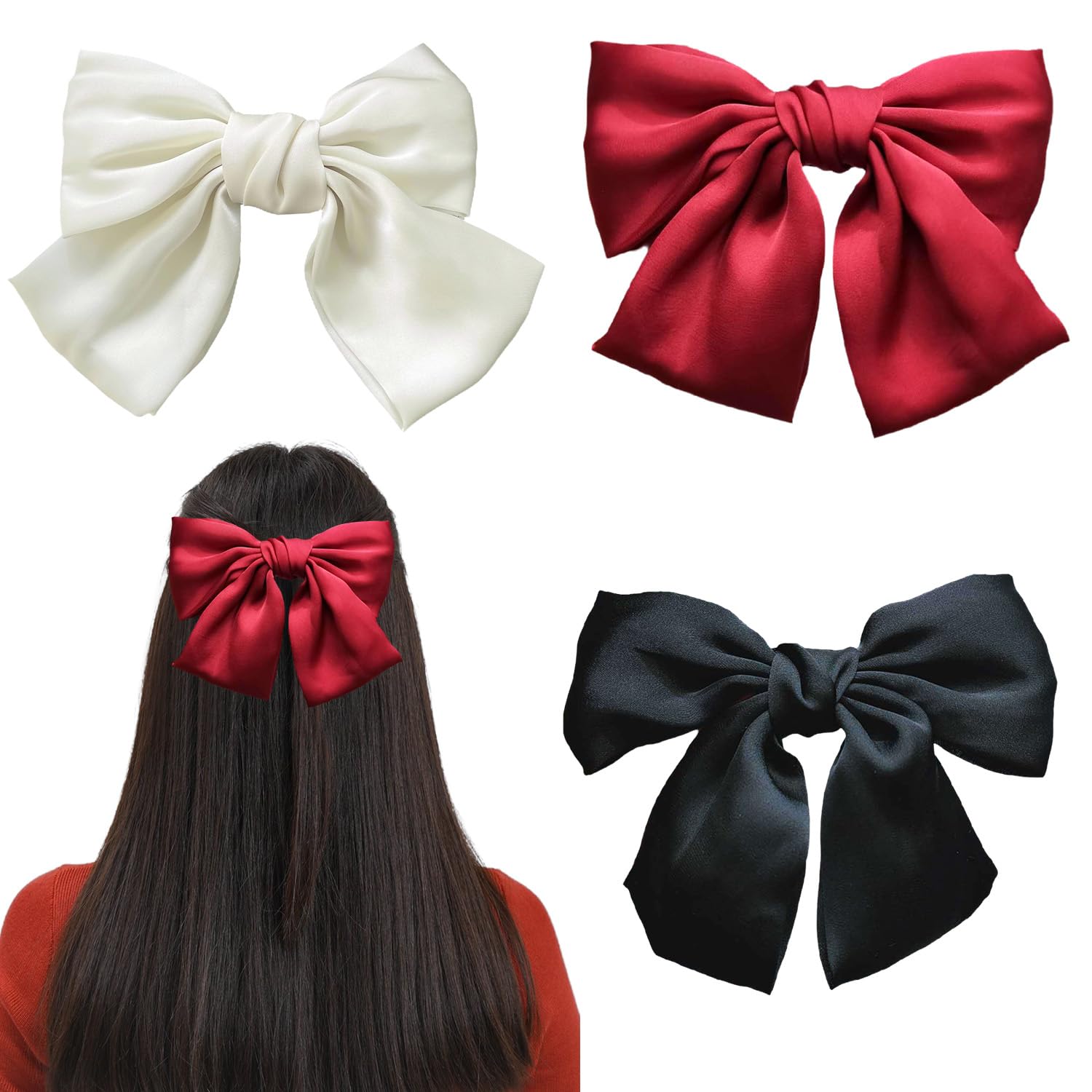 3Pcs Hair Bows with Barrette Clips - Soft Satin Silky Design for Women and Girls (Black, White, Burgundy) — image 1