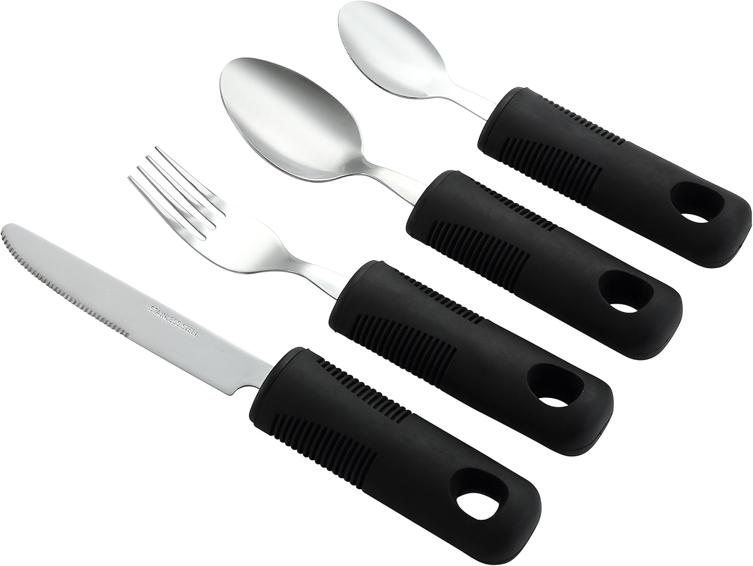 Adaptive Utensils (4-Piece Kitchen Set) Wide, Non-Weighted, Non-Slip Handles for Hand Tremors, Arthritis, Parkinson’s or Elderly use - Stainless Steel Knife, Fork, Spoons - Black: Health & Personal Care