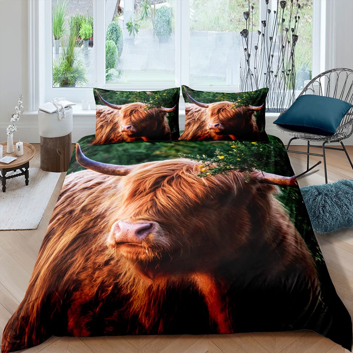 Boys Scottish Highland Cattle Bedding & Linen Cow Bull Branches Duvet Cover Kids Teens Youth Cute Longhorn Cattle Bedding Set Farm Animals Bedspread Cover with 2 Pillowcases 3Pcs Bedding Double