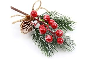 KLEWEE 10 PCS Christmas Berry Picks Glitter Christmas Picks and Sprays Artificial Pine Branches with Red Berry Stems Pine Cones Christmas Greenery for Crafts, Holiday Décor, Wreaths Xmas Decorations