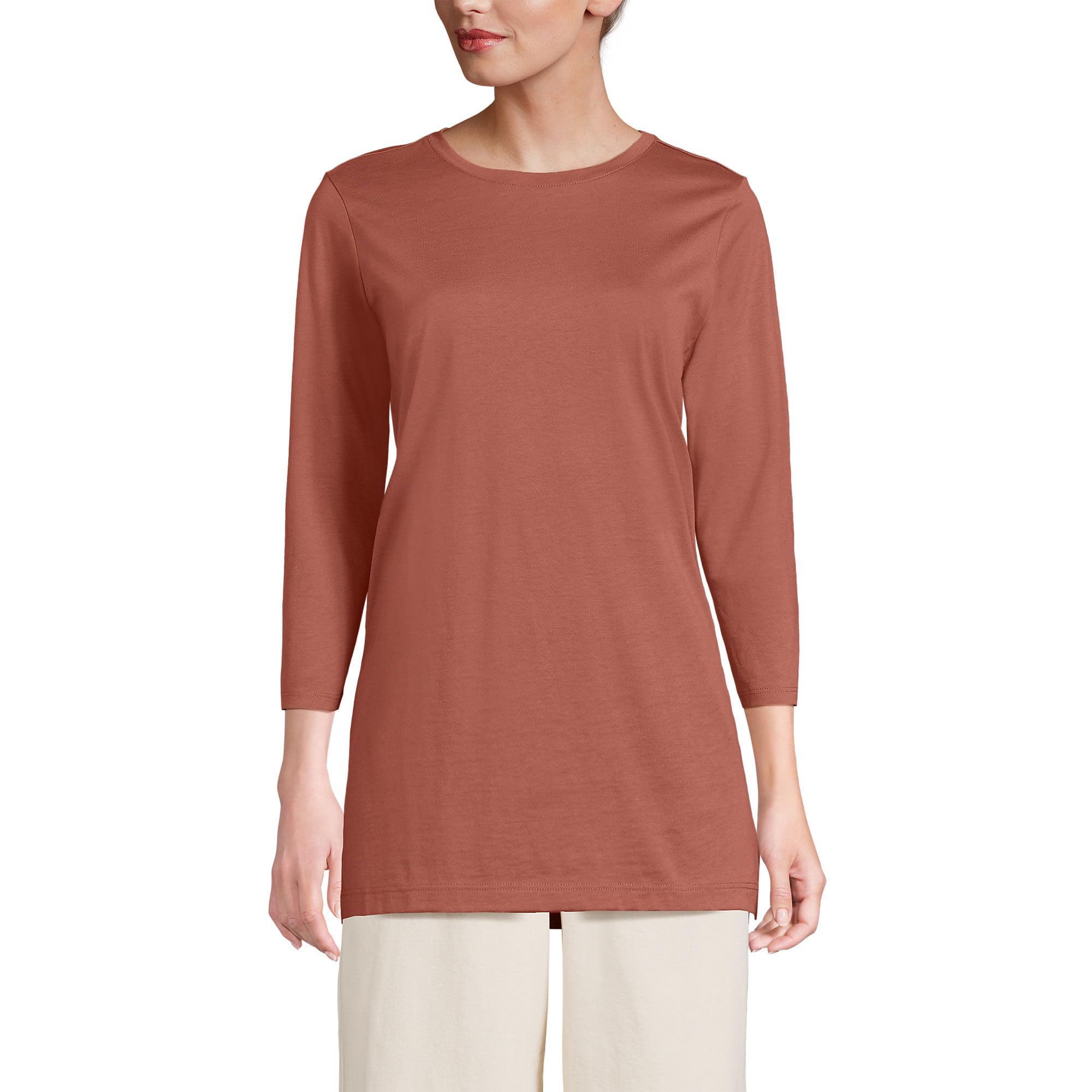 Lands' End Womens 3Q Cotton Supima Crew Neck Tunic Earthen Clay Tall Medium Image