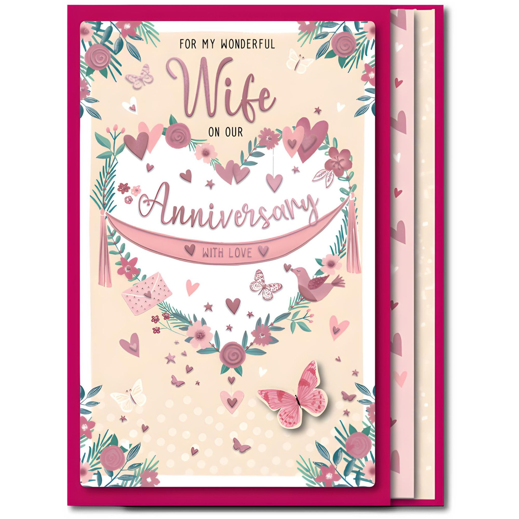 Wife Anniversary Handfinished Boxed Large Card - Wonderful Wife - Floral Heart and Butterflies Design - Special Finishes, Embellishments and Illustrated Insert Leaf - Made in the UK