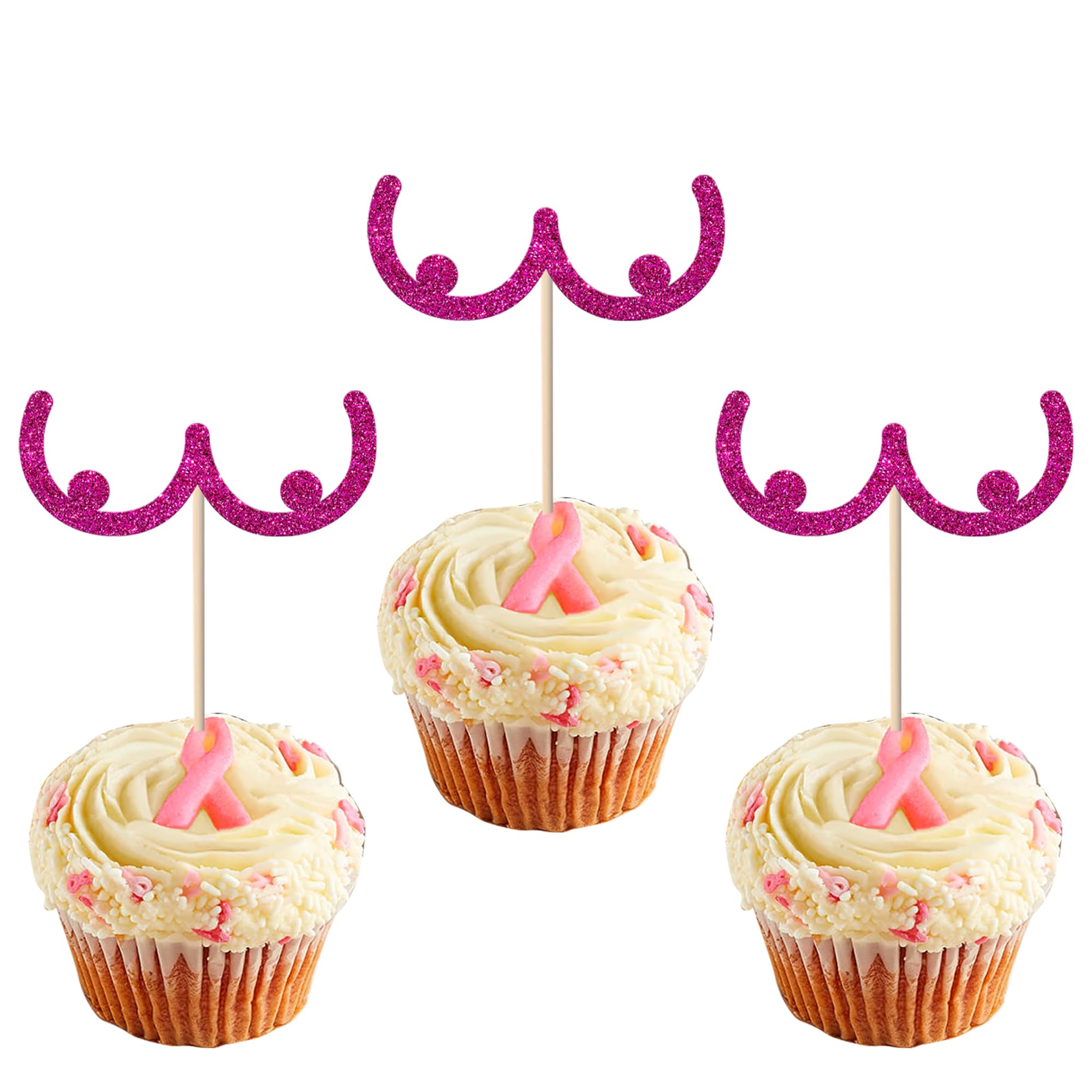 Xsstarmi 24 Pack Breast Cancer Awareness Cupcake Toppers Glitter Breast Cupcake Picks Breast Cancer Cake Decorations for Believe Hope Pink Ribbon Party Decorations Pink