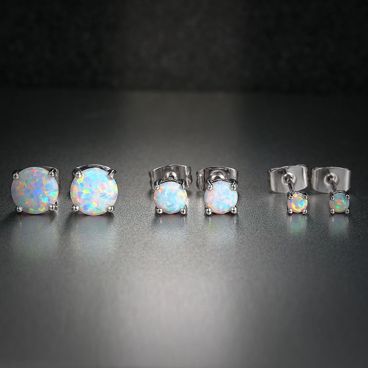 VOLUKA 18K White Gold Plated Opal Stud Earrings for Womens Sensitive Ears 3 Pairs 3/5/7mm