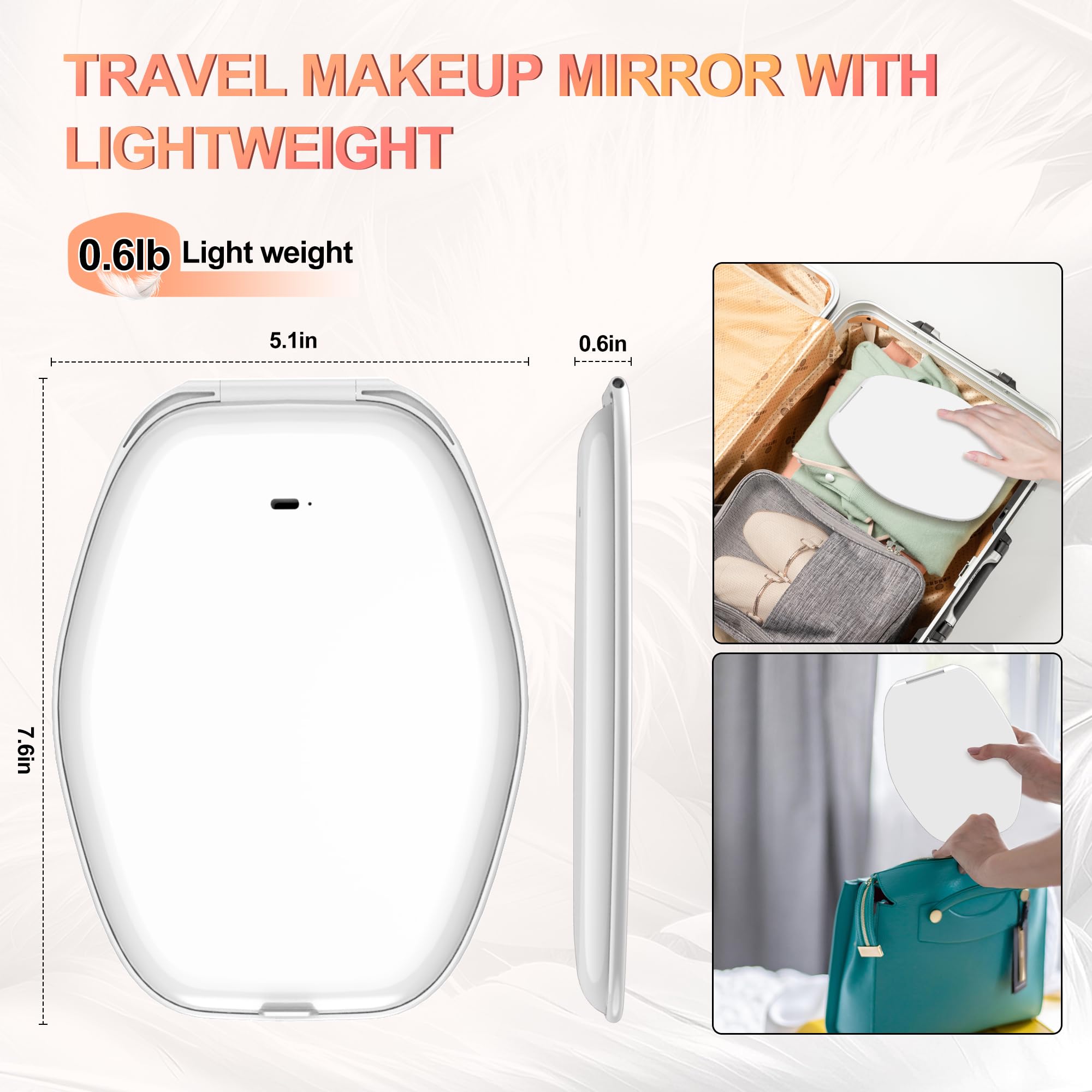 Travel Makeup Mirror with Light: 3 Color Lighting Portable Mirror with Touch Screen Rechargeable Adjustable LED Lights Hexagon Vanity Mirror for Travel, Desk, Home (White)