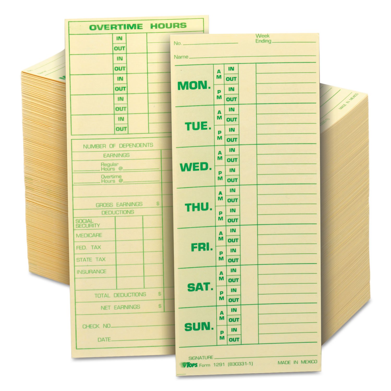 TOPS Time Cards, Weekly, 2-Sided, 3-1/2" x 8-1/2", Green Print Front/Back, 500-Count (1291)