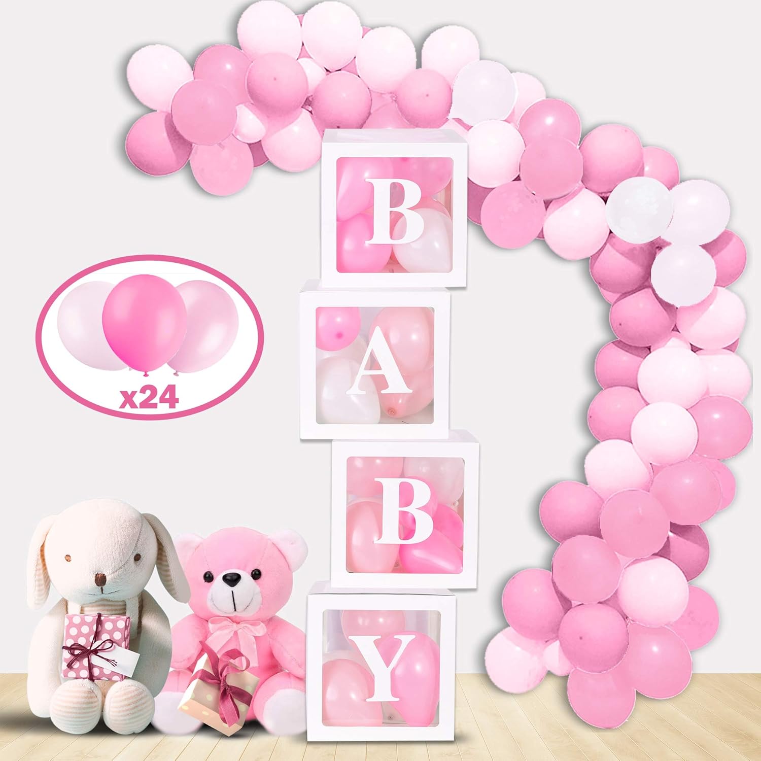 Mint & Elm Baby Shower Decorations for Girls and Boys, Clear Boxes with Balloons, Birthday Decorations, Gender Reveal Box for Balloons, 37 Pieces (Pink)