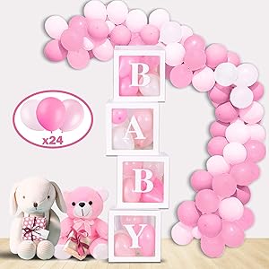 Mint & Elm Baby Shower Decorations for Girls and Boys, Clear Boxes with Balloons, Birthday Decorations, Gender Reveal Box for Balloons, 37 Pieces (Pink)