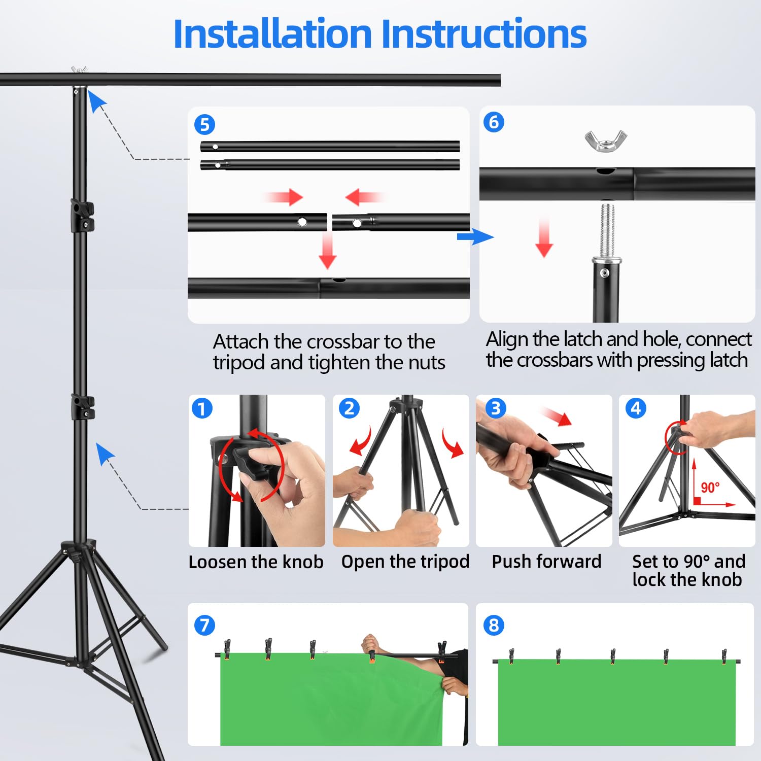 HEMMOTOP Blue Green Screen Backdrop Kit, 2-in-1 7x5 ft Green Screen Stand for Streaming, 6.5x5 ft 2-Sided Reversible Blue Photo Background with Backdrop Stand for Photography, Zoom with Case & Clips
