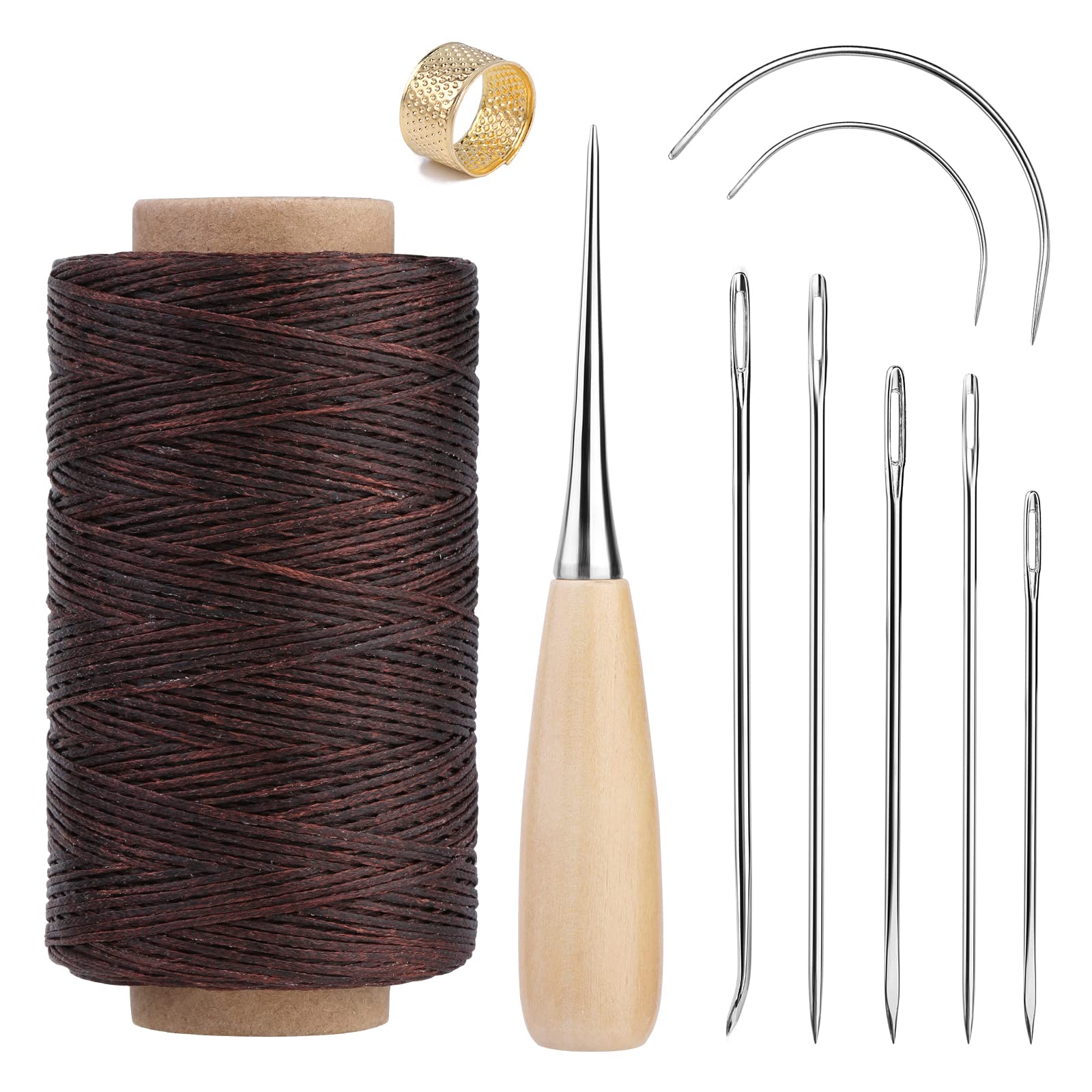 SUVSOON 273 Yards Upholstery Repair Waxed Thread Sewing Kit Including Upholstery Thread Needle Awl Thimble, Leather Sewing Kit for Leather Carpet Sofa Seat Shoe Stitching (Brown)
