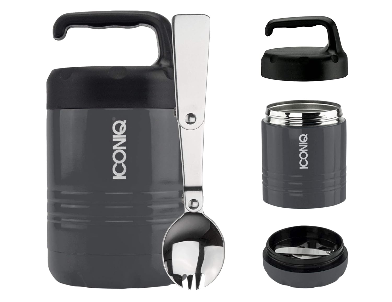 ICONIQ Qore Stackable Stainless Steel Insulated Food Jar with Fold-Out Spoon 10 Ounce | Graphite