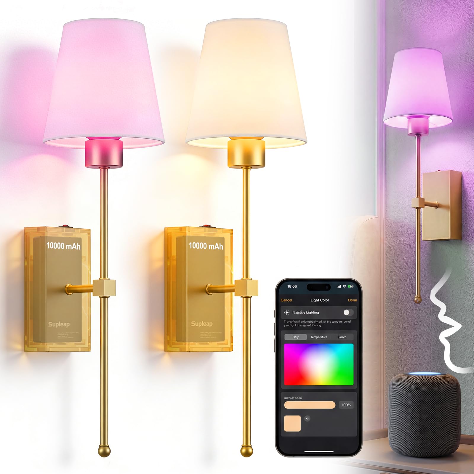 Photo 1 of Supleap Battery Operated Wall Sconce Set of Two - Wireless Smart Wall Lamp, Matter Over Thread Protocol Enabled, Works with Apple/Alexa/Samsung/Google, 66 Hours Long Runtime
