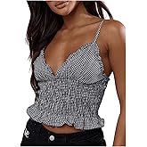 GORGLITTER Women's Gingham Crop Cami Top Smocked Ruffle Spaghetti Strap Plaid Camisole Going Out Outfits