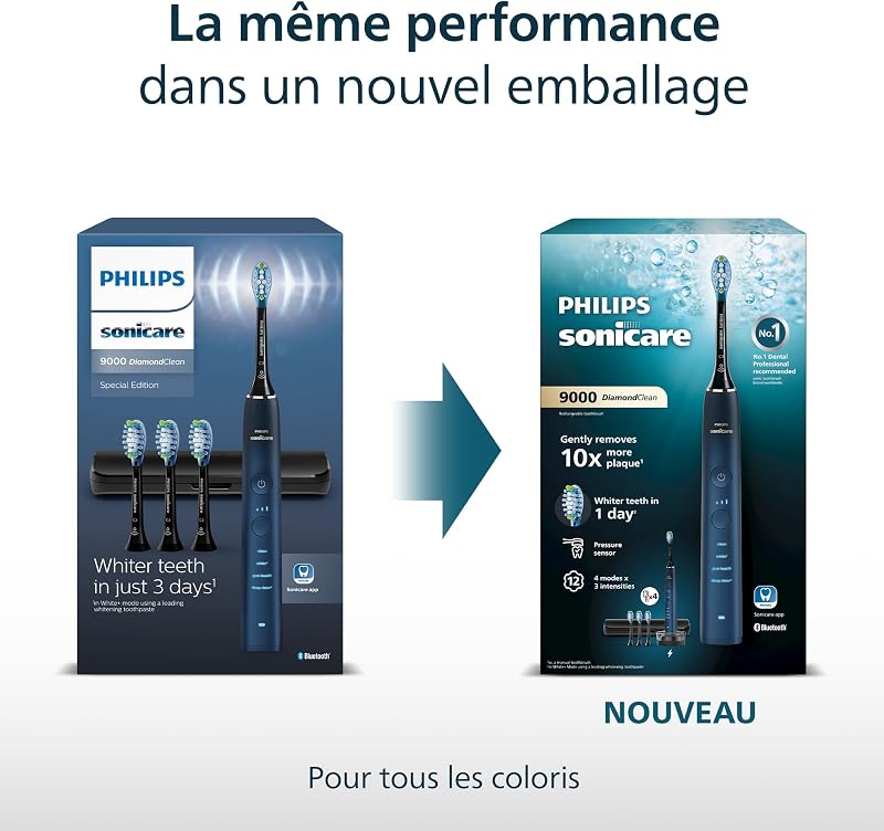 Sonicare DiamondClean 9000 - Brosse à dents électrique avec application, Édition spéciale, Capteur de pression, Socle de charge, Bleu marine, modèle HX9911/89