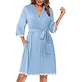 Ekouaer Women Kimono Robe 3/4 Sleeves Loungewear Dress Knee Length Sleepwear Pockets Housecoat Short Bathrobe S-XXL