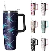 40oz Dragonfly Stainless Steel Tumbler with Handle and Straw, Insulated Cup Travel Coffee Mug Water Bottle with Lid and Straw, Animal Lovers Women Gifts