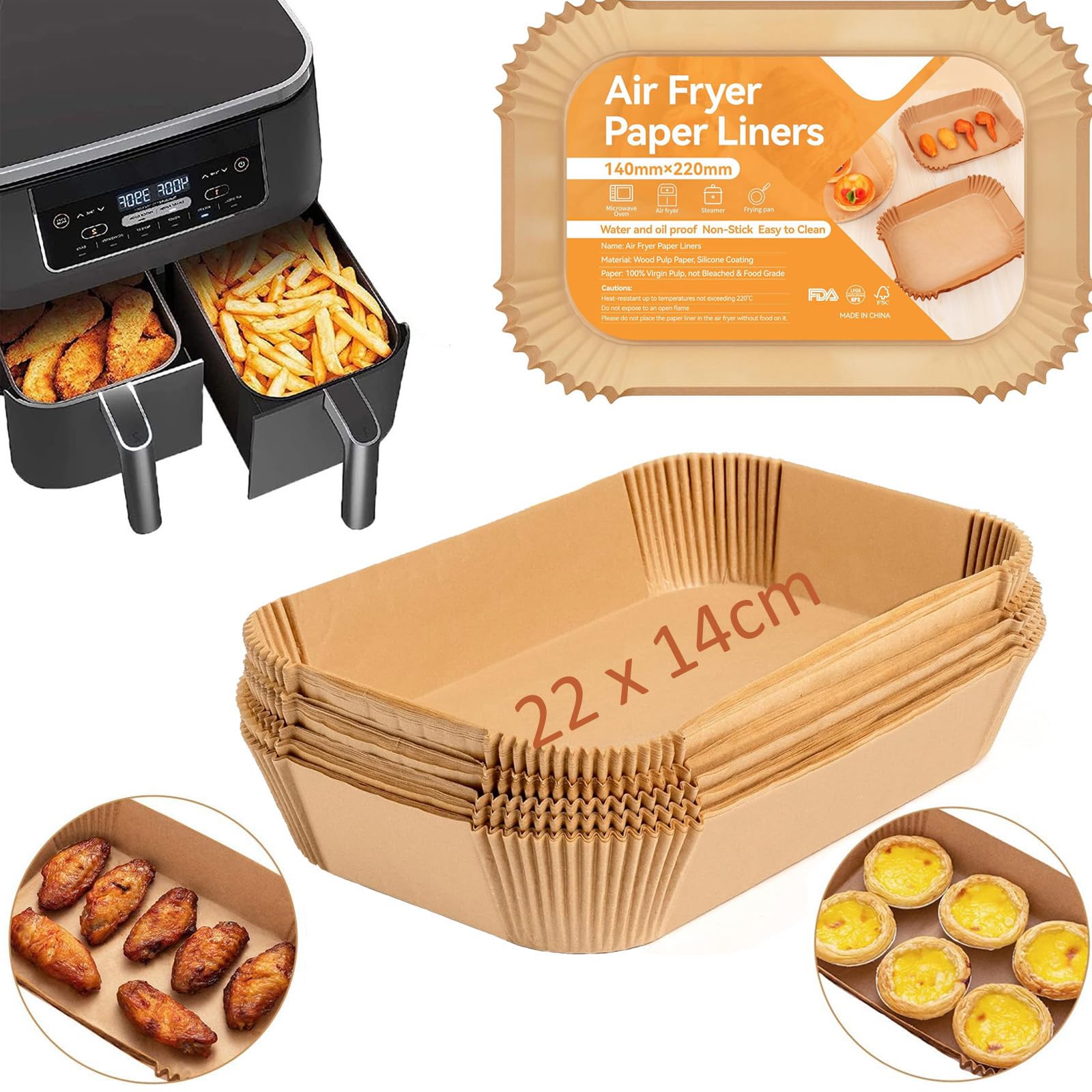 Leylve Pack of 125 Baking Paper for Hot Air Fryer Dual Zone, 22 x 14 cm Airfryer Baking Paper, Hot Air Fryer Accessories Compatible with Ninja AF300EU AF400EU, Princess and Other Dual Zone Air Fryer