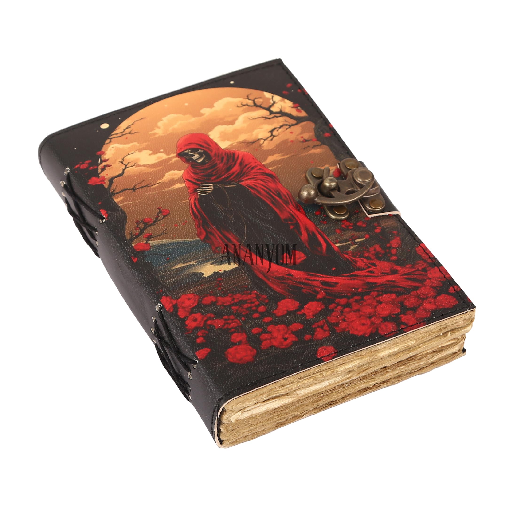 Handmade Leather Journal, Modern Fantasy Playing Notebook Spiral Gothic Notebook Skull lover Antique Vintage Leather Journals With 200 Blank Deckle Paper, Unruled, Brass Clasp Lock Journal, Men &